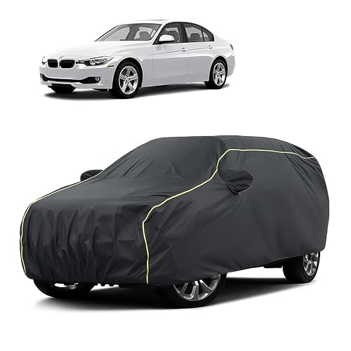 Image of Sulfar 100% Water Resistant Car Body Cover Compatible with Mirror for BMW 328i (Triple Stitched, Full Bottom Elastic, Dark Grey Taffeta with Yellow Piping)