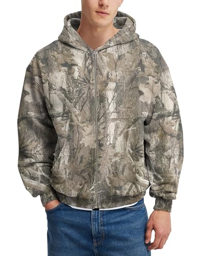 MSBESYOR Mens Camo Zip Up Hoodie Fleece Hunting Jacket Maple Leaf Print Oversized Long Sleeve Hooded Sweatshirt