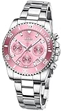 Women Elegant Chronograph Rotatable Bezel Mineral Glass Luminous Watch Stainless Steel Waterproof Date Analog Quartz Watch Fashion Business Dress Wristwatch (Silver Pink)