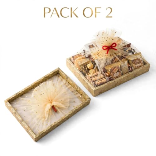Image of Awestuffs Premium Gift Box Set of 2 with Ribbon Closure, Luxury Decorative Gift Packaging Boxes for Birthday, Wedding, Anniversary, Festival, Return Gifts, Corporate Gifting & Special Occasions (Golden, Gift Tray)