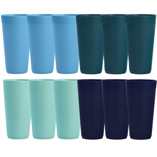 US Acrylic Newport 32 ounce Unbreakable Plastic Stackable Iced-Tea Tumblers in 4 Coastal Colors | Set of 12 Drinking Cups | Reusable BPA-free Made in the USA Top-rack Dishwasher and Microwave Safe