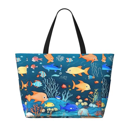 Blue underwater world of fish Large Capacity Beach Travel Bag, Foldable Beach Bag with Zipper, Great for Grocery Bag Pool Gym Travel Shopping2
