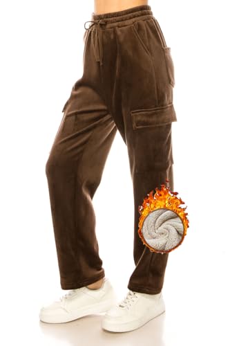 Women's Velvet Corduroy Cargo Pocket Jogger Sweat Pant Straight Leg Premium Pants Brown