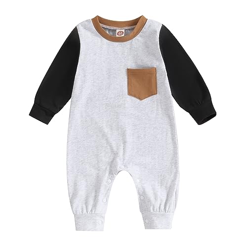 Image of Bagilaanoe Casual Fall Winter Clothes Infant Baby Boy Long Sleeve Romper Jumpsuit Playsuit One Piece Outfit (Long Sleeve-Black Grey, 6-12 Months)