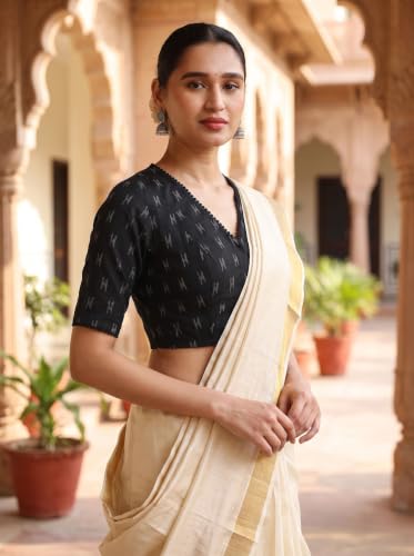 Image of Studio Shringaar Women's Black Cotton Handloom Ikat Readymade Saree Blouse