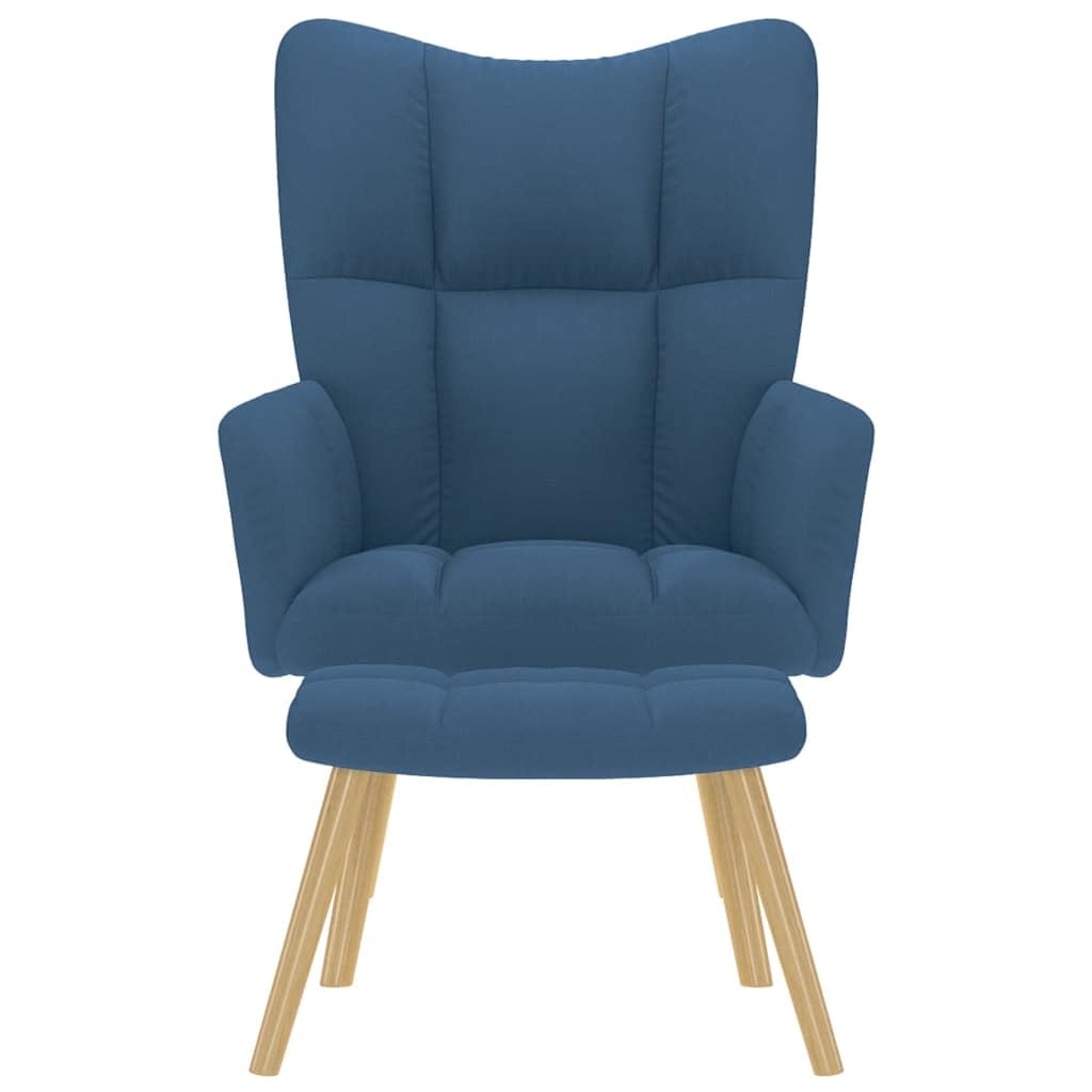 Fotel relaksacyjny z taboretem w kolorze niebieskim, ergonomiczne krzesło wypoczynkowe z podłokietnikami i oparciem, drewniany stelaż metalowy, wysokość siedziska 38 cm, podnóżek jako taboret