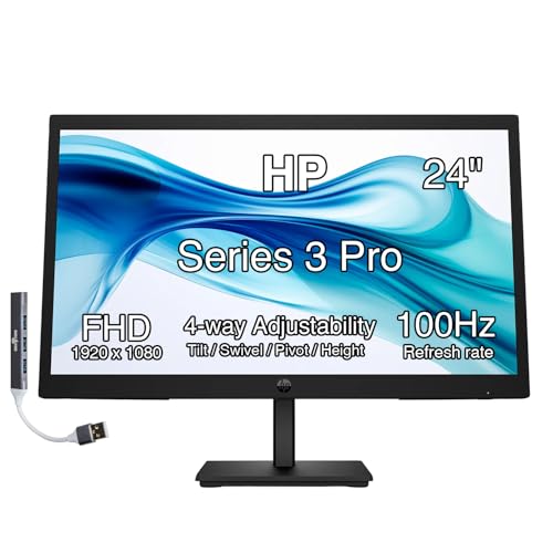 Image of HP Series 3 Pro 24 inch 100Hz FHD IPS Monitor with Adjustable Tilt /Swivel /Pivot /Height, Built-in Dual 2W Speakers, VESA Mount (100mm), VGA, Displayport, HDMI w /DKZ Hub, Black