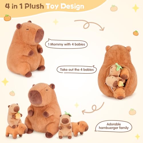 5-in-1 Capybara Stuffed Animals with Babies Inside, 5PC Set Capybara Plush with Mommy & 4 Babies, Soft Toy Decor, Cute 3 to 8 Year Old Girl Boy Gifts, Imaginative Play Toy(Capibara)