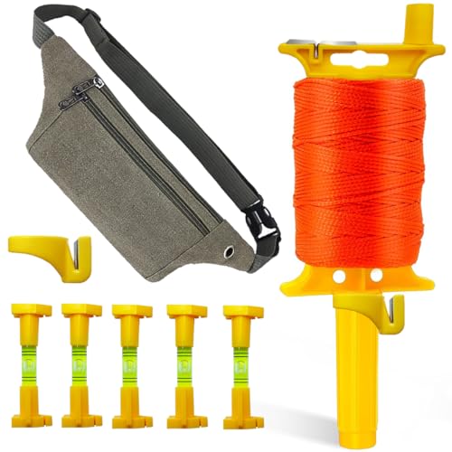 【Tight-Slot】 String Level Mason Line Kit with 540FT Mason Line, 5 String Levels, Tool Pouch & Line Slicer – Heavy-Duty Nylon Line with Upgraded Clamp & 360° Spool for Bricklaying, Fencing & Layout