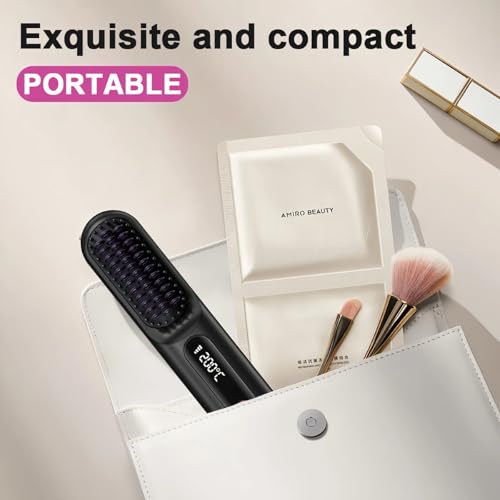 Image of Cordless Hair Straightener Brush for Women, Portable Travel Hair Straightener Brush, Ionic Ceramic Mini Hot Comb with Fast Heating, 3 Heat Settings, USB Rechargeable Anti-Frizz Styling Tool (White)