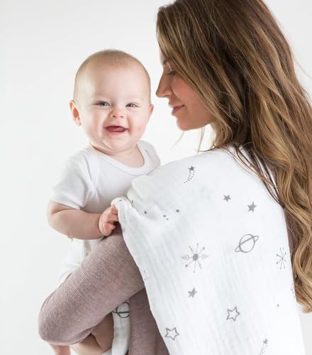 Image of Amazing Baby Muslin Swaddle Blanket for Baby Boy & Girl, Receiving Blanket for Newborn, 100% Cotton Swaddle Wrap, Baby Registry & Gift, XLarge 46 x 46 inches, Milestone Blanket, Love You to The Moon