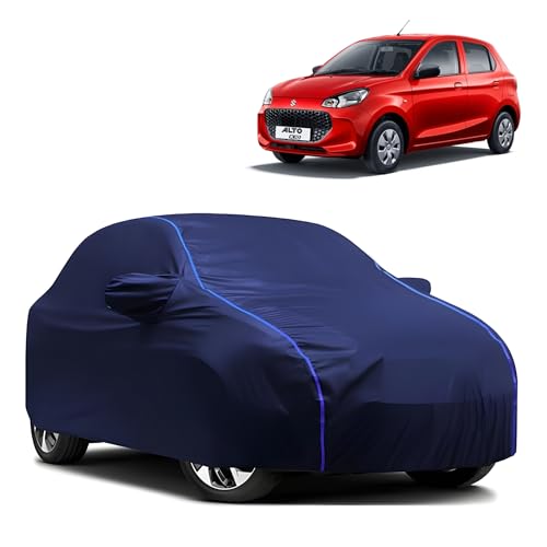 Image of Kerwa Car Body Cover Waterproof Compatible with Maruti Suzuki Alto K10 | Scratch Proof, Anti-Dust, UV Protection | Windproof Buckle Strap | Fitted Bottom Elastic | Side Mirror Pockets-Blue