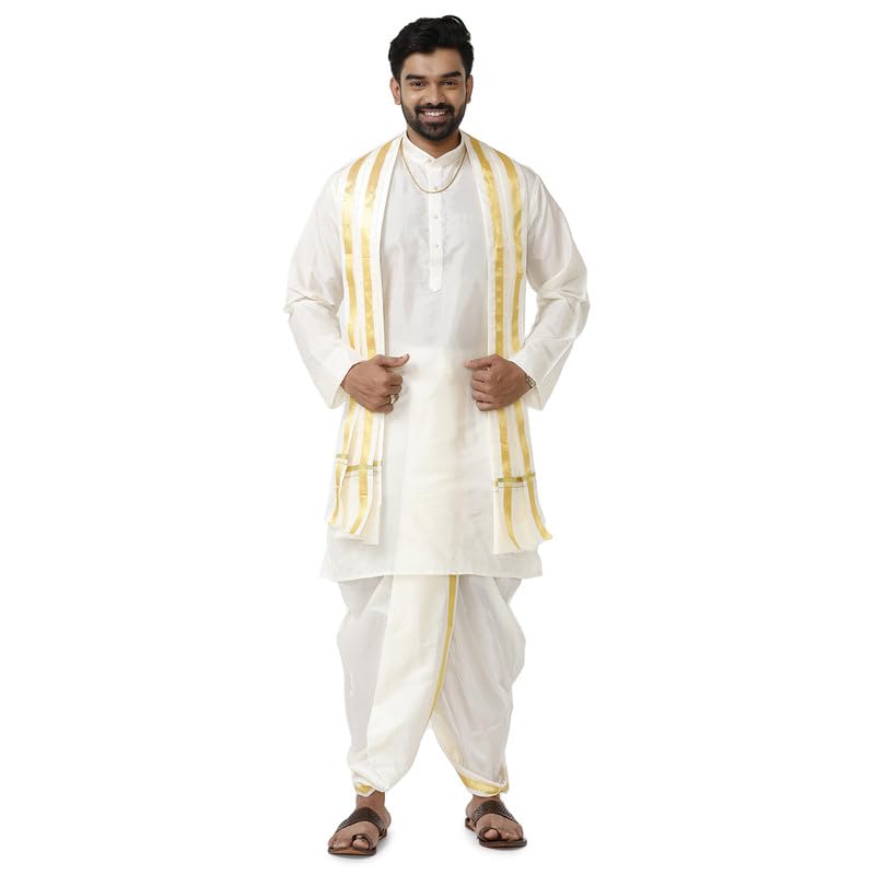 uathayam Subha Mangalam Cream Color Silk Kurta Regular Fit Full Sleeve & Panchakacham Traditional 3 in 1 Set for Men-picture-25