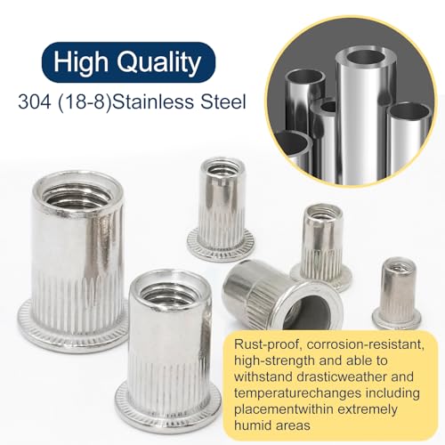 Image of Metric 304 Stainless Steel Rivet Nut Assortment Kit(218 Pcs),M3 M4 M5 M6 M8 M10 Flat Head Rivnut Set,Rivnut Threaded Insert Nut