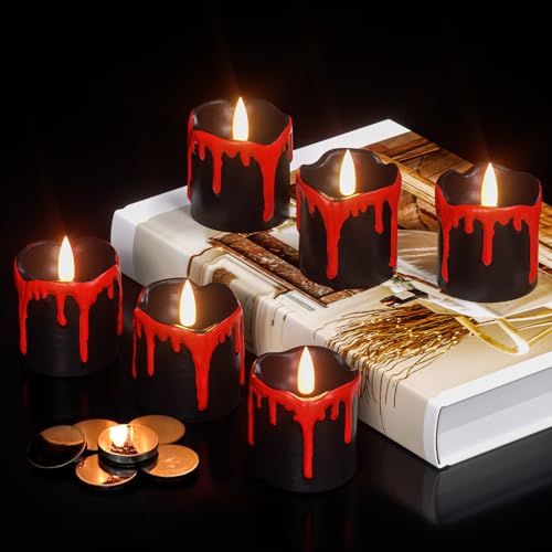 Image of Halloween Black Votive Candles Battery Operated with Long Lasting CR2450 Batteries, LED Flameless Flickering Candles with 6H Timer, 6Pcs Black and Red Drip Wax Candle Gothic Home Decor
