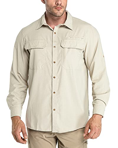 33,000ft Herren Sportshemd Langarmhemd Atmungsaktives Funktionshemd Schnelltrocknende Shirt Outdoorhemd für Männer Frühling Sommer Herbst UV-Schutz Wandern Angeln Shirts Khaki L