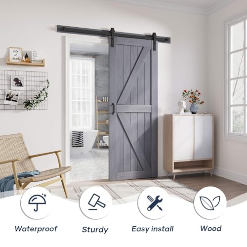 Image of FREDBECK 30x80 Sliding Barn Doors,Grey Wood Door with Hardware,K-Frame