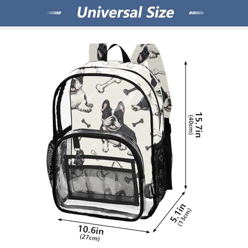 Kids PVC Clear Backpack Bull Dogs Bone Black White Heavy Duty Multi-pockets Large Capacity Transparent See Through Bookbag for School Travel Sport Work4