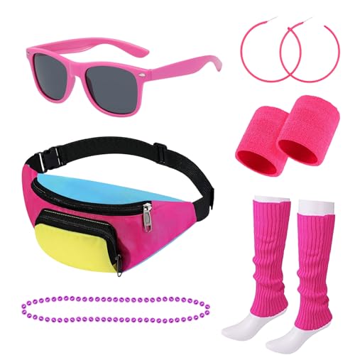 TGKEAIY Idade 80 para mulher acessórios, disfarce anos 80 mulher com bolsa de cintura pulseiras brincos pernas colar, acessórios retro de noite Oitentera para fato de festa cosplay carnaval