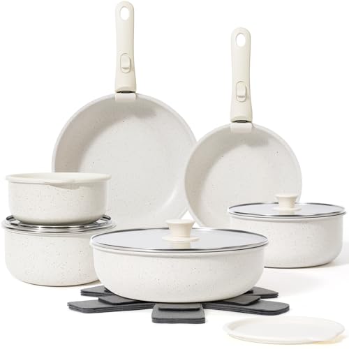 Image of SODAY 18Pcs Pots and Pans Set Non Stick,Detachable Handle, Oven Safe | Nonstick,white, Aluminum, Granite coating,induction ready, RV kitchen, stackable design, space-saving for small kitchens
