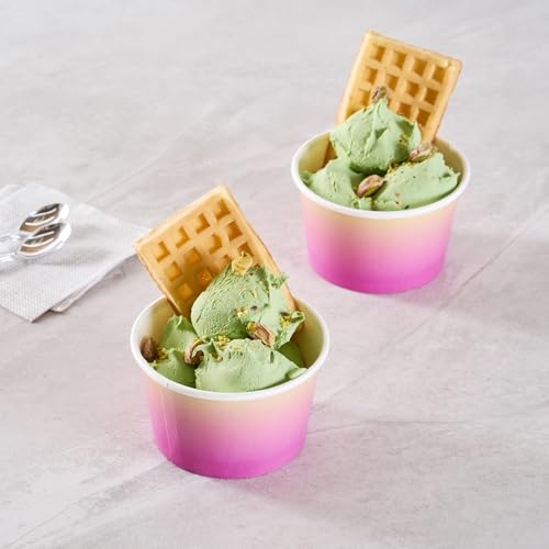 Image of Restaurantware Paper Cups 200 Count 8 Ounce Square Disposable Ice Cream Containers, Leak-Resistant Paper Dessert To Go Cups, Hot And Cold Food, Durable Purple and Yellow Ombre Design