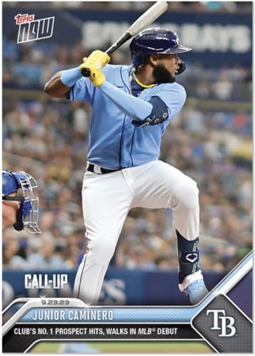 2023 Topps Now Junior Caminero #911 -RC Rookie Club’s No. 1 Prospect Hits, Walks in MLB Debut - 9/23/23 - Baseball Trading Card- Tampa Bay Rays. Topps stated Print Run of Only 4139 Made! MS Sports Card Shipped in Protective Screwdown Holder.