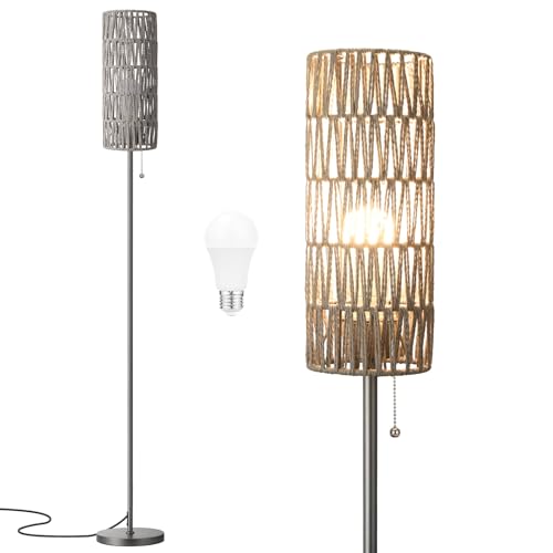 Ambimall 64'' Floor Lamp for Living Room with 3 Color Temperatures Bulb, Boho Grey Standing Lamp with Grey Rattan Shade