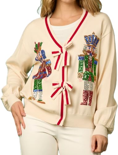 Image of Women Sequin Nutcracker Cardigan Funny Bow Tie Ugly Christmas Sweater Cute Open Front Knitted Long Sleeve Party Top Beige