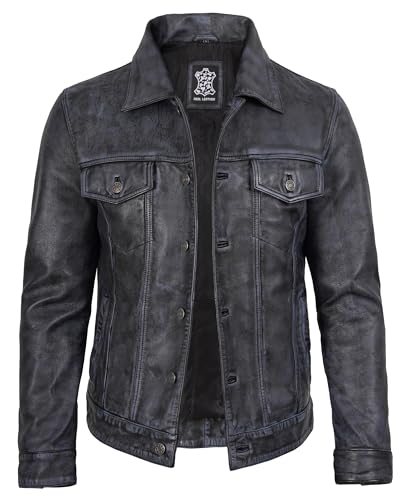 Image of fjackets Real Lambskin Vintage Trucker Leather Jacket Men - Shirt Collar Style Leather Jackets For Mens
