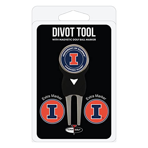 Team Golf NCAA Illinois Fighting Illini Divot Tool Pack With 3 Golf Ball Markers Divot Tool with 3 Golf Ball Markers Pack, Markers are Removable Magnetic Double-Sided Enamel