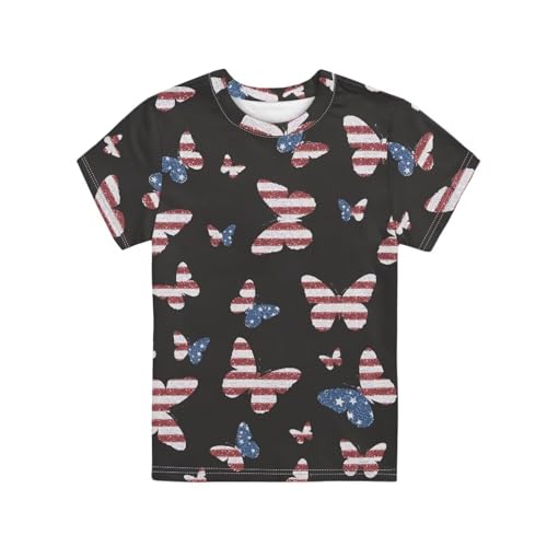 Xernghsao Kid's Unisex Tee Shirt Regular-Fit Top Short-Sleeved Casual Outfit with Round Neckline Stars & Striped Butterfly Pattern 13-14