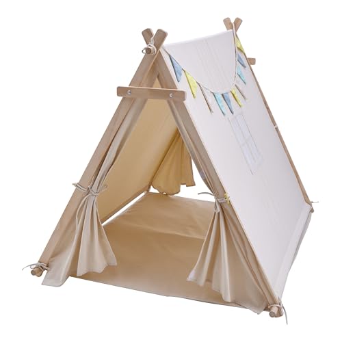 Sunny Sienna Tipi Tent in crème met vlaggen, raam & vloermat | Wigwam Speeltent / Speeltentje van 100% katoen & FSC 100% hout | Kindertent voor Binnen & Buiten 120 cm x 100 cm - Afbeelding 3