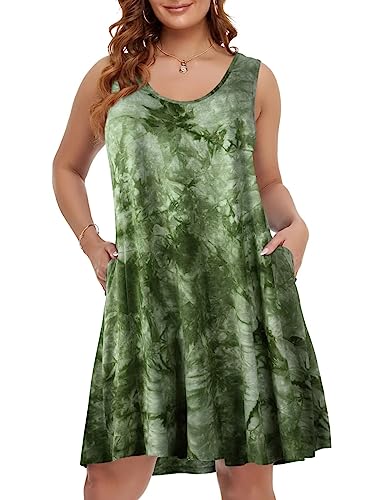Image of BELAROI Women Plus Size Sundress Summer Casual Sleeveless Tshirt Dress Tie Dye Swing Tank Dresses with Pockets Beach Cover up