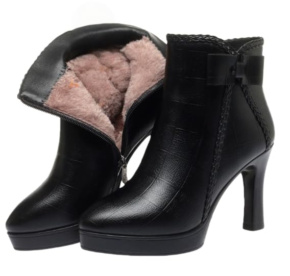 Womens Ankle Boots Fur Lined Comfortable Pointed Toe Kitten Heel Side Zip Dress Booties for Autumn Winter Formal