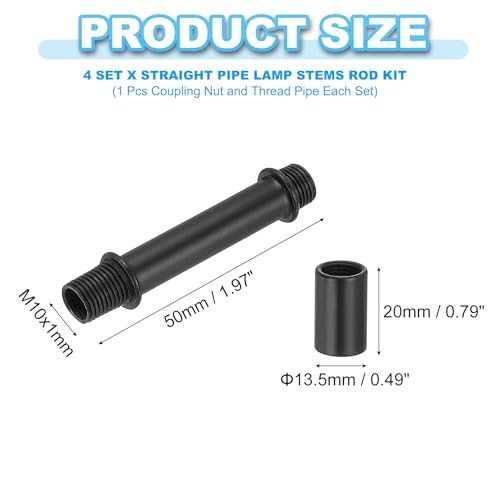 Image of PATIKIL Straight Pipe Lamp Stems Rod Kit, 4Set M10 Carbon Steel 50mm(1.97 inch) Long Double End Thread Rod with Coupling Nuts Sleeve Connector for Table Lamps Chandeliers, Black