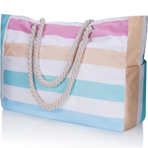 Stylish Waterproof Beach Tote Bag for Women, Large Capacity Zipper Closure with Rope Shoulder Straps