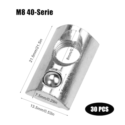 30 Stück Nutensteine M8 Edelstahl, T Nut Mutter M8 40 Nutensteine mit Kugel, Nut 8 Nutensteine für Alu Profil, Schiebemuttern M8 für Aluprofil der Serie EU 40