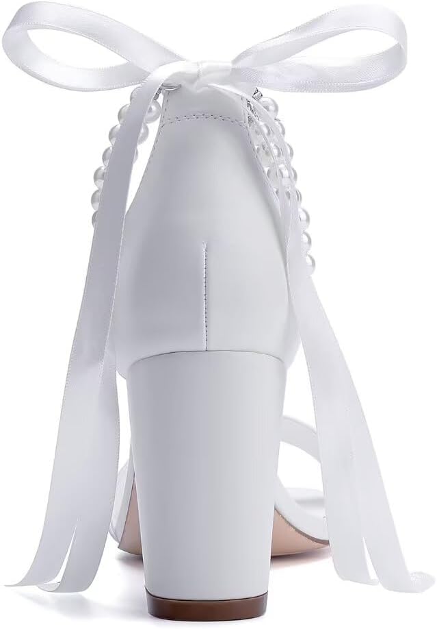 Block Heel Wedding Shoes for Bride Women Chunky Heeled Sandals Pearl Bridal Shoes - Image 5