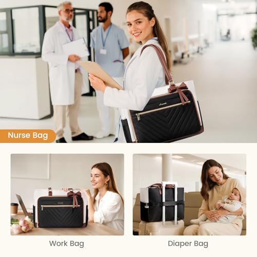 Image of LOVEVOOK 17 Inch Laptop Tote Bag for Women, Work Bag for Teacher with Large Cup Holder,Quilted Nurse Diaper Bag for Travel, Computer Women's handbags for Teacher gift, Purple