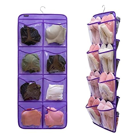 ANZORG Dual-Sided Hanging Closet Organizer for Socks Underwear Bra Kids Storage Organizer for Baby Clothes Toddler Shoes with 26 Pockets (Purple-Clear Pockets) Cover
