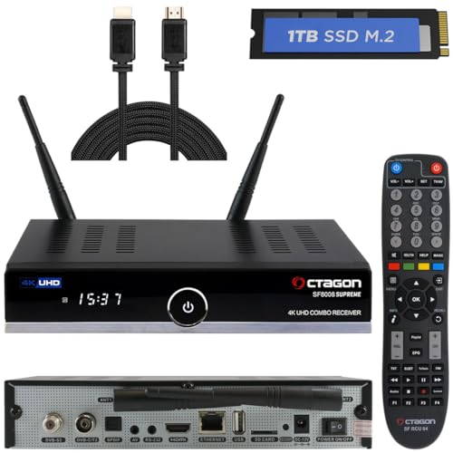 Octagon SF8008 4K Supreme Combo + 1TB Festplatte INTERN + NONIC HDMI Kabel, Sat- Kabel- & DVB-T2 Receiver, E2 Linux & Define OS, mit Aufnahmefunktion, M.2 M Key, Gigabit LAN, Sat to IP, WiFi WLAN