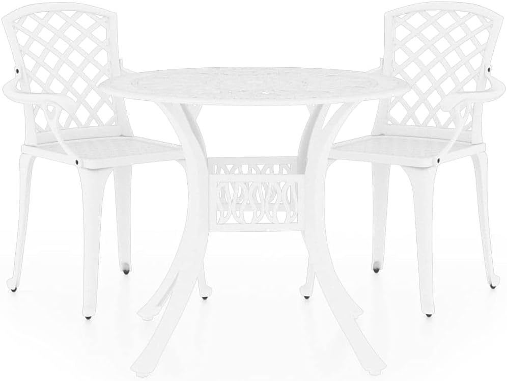 vidaXL 3-Piece Bistro Outdoor Patio Furniture Set in White - Cast Aluminum Design, with Umbrella Hole - Round Table & Two Chairs Set