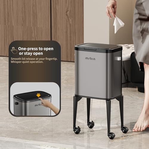 Image of MRBIN Metal Kitchen Trash Can with Wheel Legs, 23L / 6.1gal Medium Press Lid Slim Removable Waste Basket, Pet Proof Tall Narrow Garbage Pail for Vanity, Bedroom, Bathroom, Living Room, Eclipse Grey