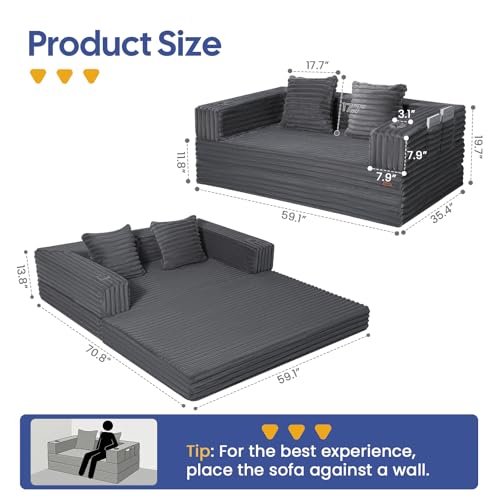 Image of COMAX Futon Sofa Bed, 4‑in‑1 Convertible Sofa Bed, Folding Boneless Couches | Boneless Couch for living room, Fold Out Small Foldable Loveseat Floor Sleeper Mattress Lounge Space‑Saving, Ash Gray