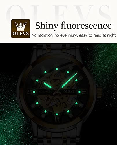 Image of OLEVS Men's Gold Skeleton Watch Automatic Mechanical self Winding Luxury Dress Stainless Steel Waterproof Luminous Wrist Watches