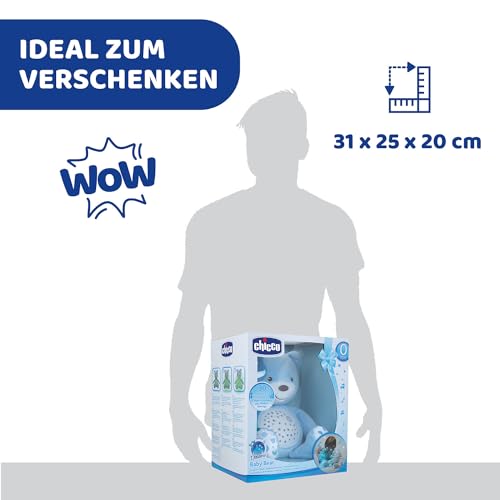 Chicco Kuscheltier Bär, Baby Spielzeug ab Geburt, Teddybär Plüsch, weicher Projektor mit Nachtlicht, Lichteffekten und entspannenden Melodien, Kinderspielzeug 0+ Monate, Hellblau, Kindertag Geschenk