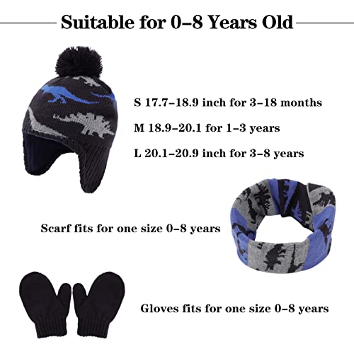 Image of ACTLATI Winter Dinosaur Boy Winter Hat Scarf Mittens Set Warm Beanies Earflap Fleece Pompom Lining Cap for Toddler Kids