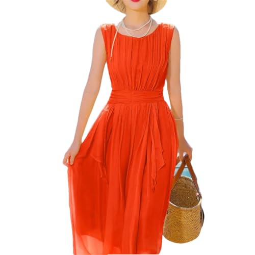 Women's Dress Mulberry Silk Sleeveless Slim Elegant Dresses for Clothing Orange M