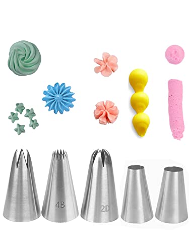 Large Piping Tips for Rose Flower Macaron Meringue Cookie Deviled Eggs Cake Cupcake Decorating,1A 1M 2A 2D 4B Frosting Tip Set,5 Pcs