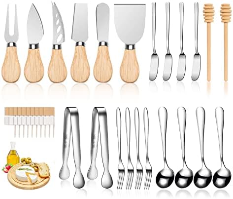 LifeMusican Wooden Cheese Spreader Knive Set,Wood Handle Butter knives For Cheese Charcuterie Board Accessories Kit, Mini Cheese Knife Slicer With Tongs, Spoons, Forks,Honey Dipper (23 Pack)